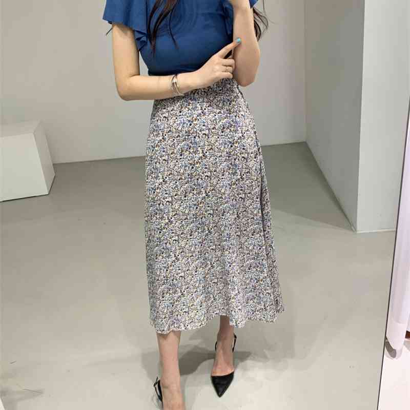 Summer Korean Fashion 2 Piece Skirt Sets Outfits Women Blue Tops + Printed Elastic Waist A-line Vintage Matching 210514