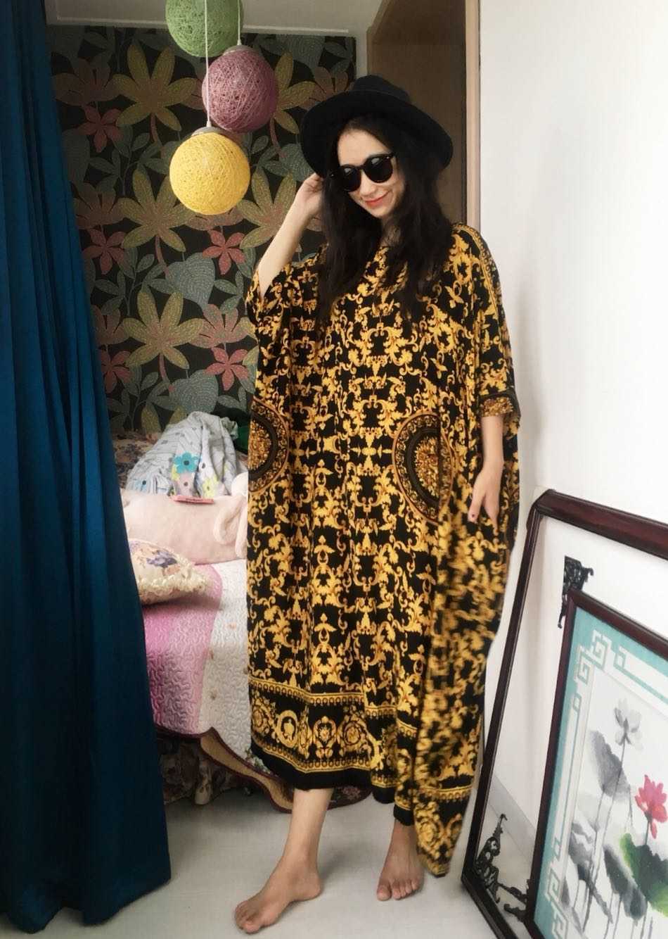 Vintage Floral Printed Bohemian Plus Size Loose O Neck Dresses Dubai Beach Travel Batwing Sleeve Ankle-Length Women Dress 210615Z