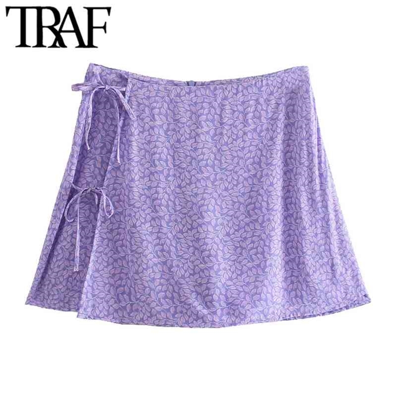 TRAF Women Chic Fashion Side Ties Printed Shorts Skirts Vintage High Waist Back Zipper Female Skort Mujer 210714