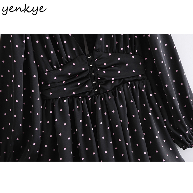 YENKYE Spring Women Vintage Polka Dot Mini Dress Fashion Lady Sexy V Neck Lantern Sleeve A-line Hem Ruffle Dress 210515