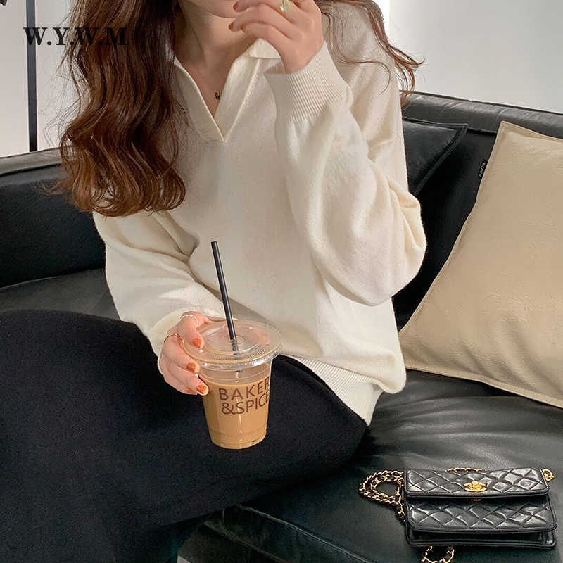 WYWM Autumn Thin Knitted Sweater Women Vintage Polo Collar Long Sleeve Streetwear Pullover Korean Casual V-neck Female Clothing 211018