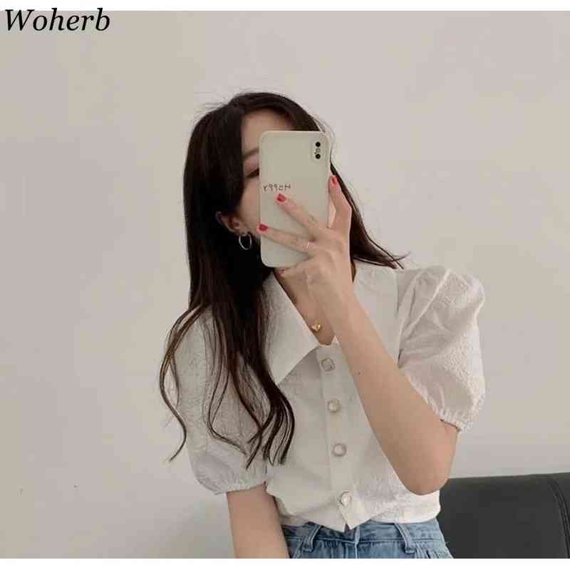 Chic Korean Short Puff Sleeve Women Blouses Shirts Single-breasted Tops Elegant Fashion Blusas Vintage Blouse 210519