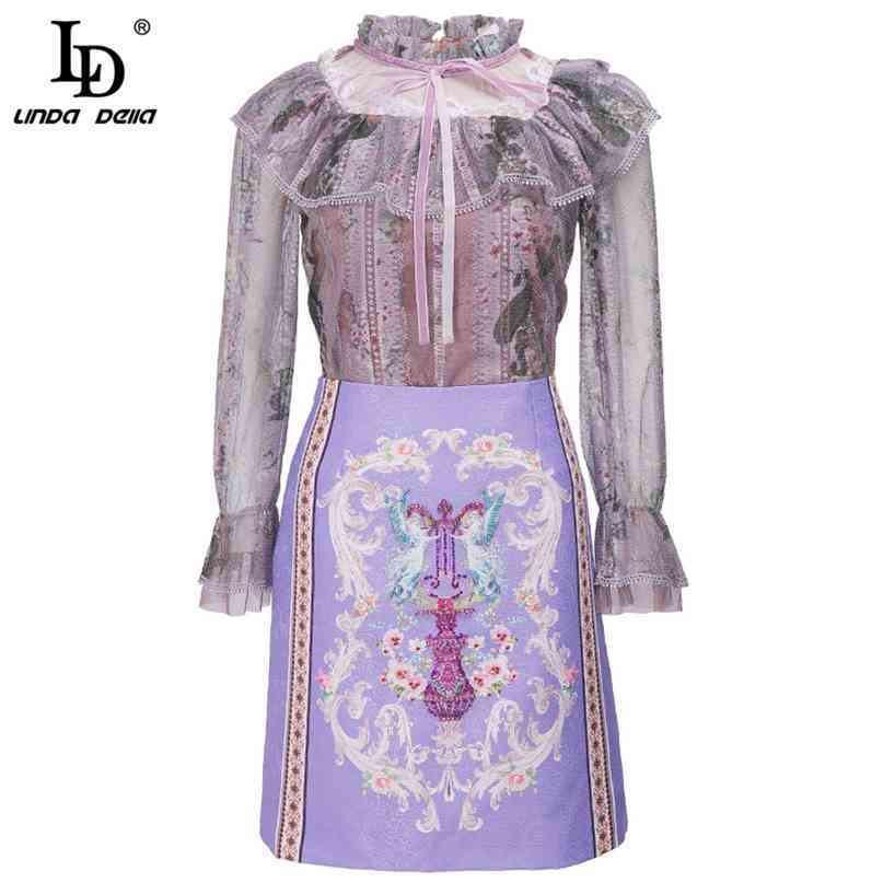 Autumn Elegant Short Skirts Suit Women Ruffles Lace Long sleeve Tops and Vintage jacquard Two Piece Set 210522