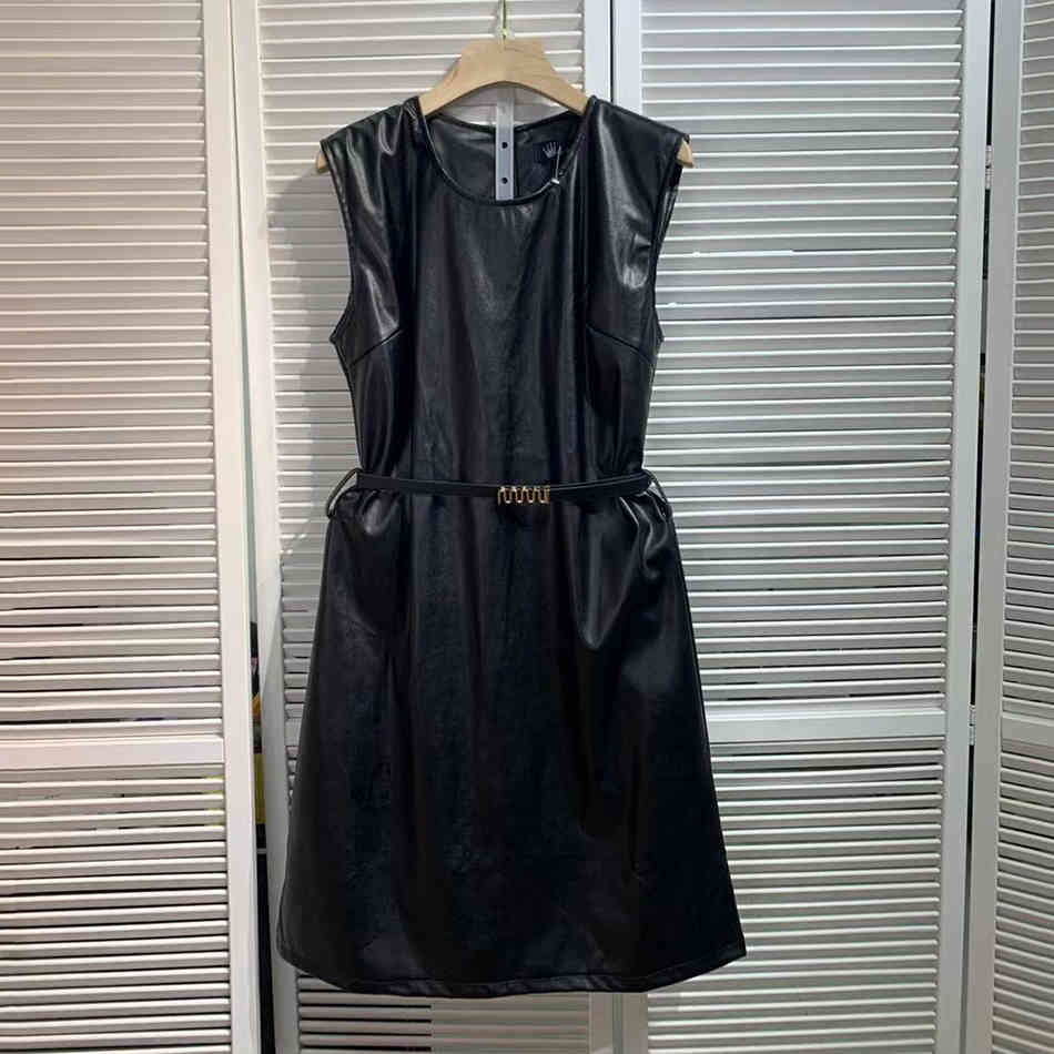 Free Summer Women's Black Pu Dress Sexy O Neck Sleeveless Belt A Line Celebrity Elegant Party Vestidos 210524