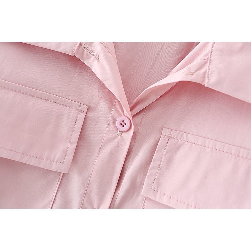 Elegant Women Solid Pink Shirts Fashion Ladies Turn Down Collar Streetwear Female Chic Pocket Short Blouses 210430