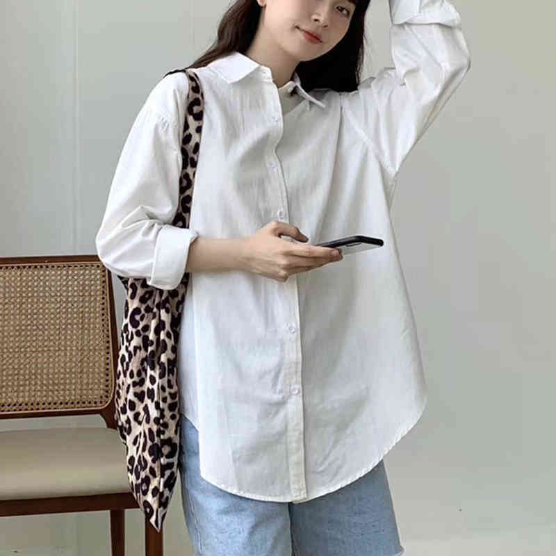 Early Autumn Korean Style Long Loose Retro Shirt Solid Color Sleeve Women Blouse Lazy Chemisier Femme 10320 210427