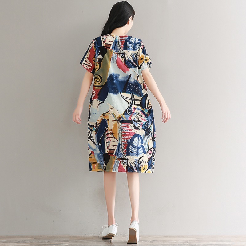 short sleeve plus size cotton vintage floral women casual loose midi summer dress elegant clothes ladies dresses sundress 210409
