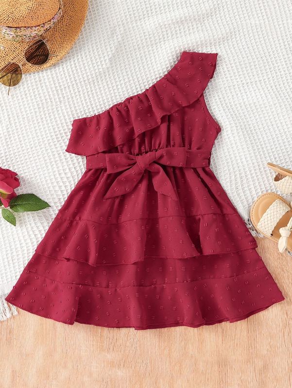 Toddler Girls Swiss Dot One Shoulder Ruffle Trim Belted Dress SHE