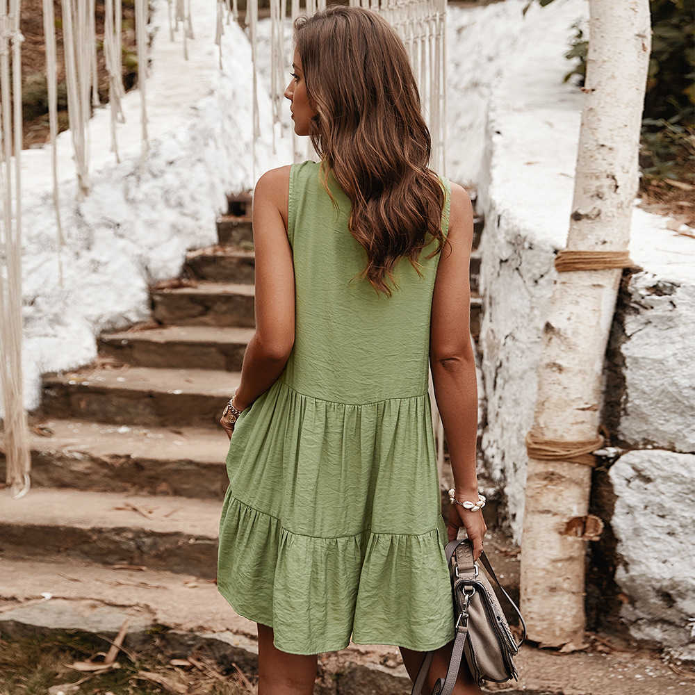 Summer Dresses Women Elegant Sexy V-Neck Casual Boho Sleeveless Dress Vintage Yellow Beach Lace-Up Sundress Female Clothes 210630