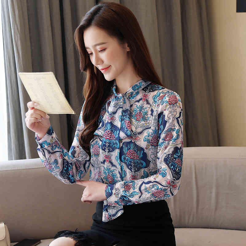 Fashion Women BowTops Korean Style Long Sleeve Print Shirt Loose Chiffon Blouse Office Lady Clothes Blusas 8401 50 210506