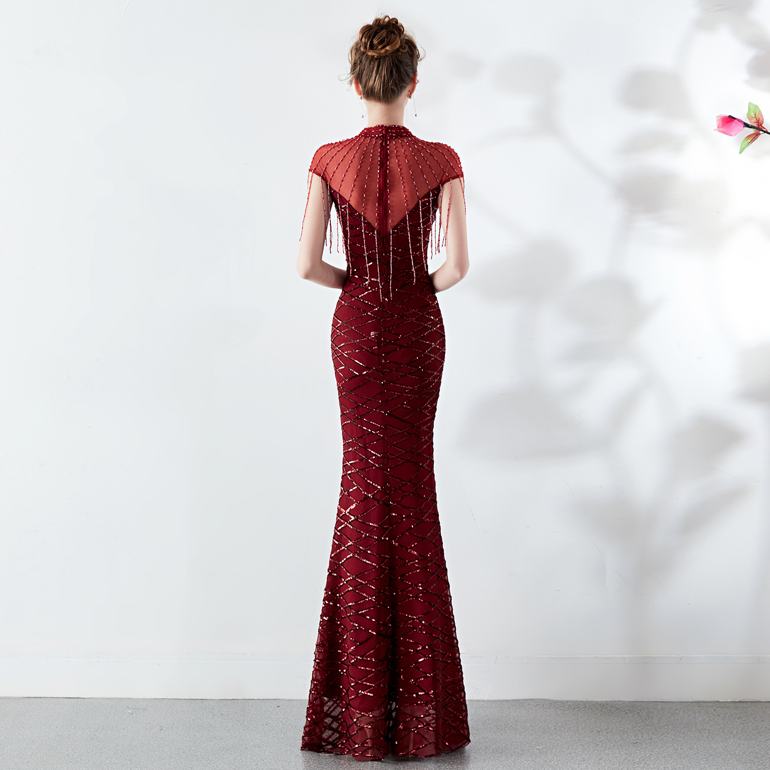 High Neck Mermaid Prom Formal Dresses Burgundy Sparkly Beaded Sequins Tassel robe de soirée de mariage Fishtail Evening Gown