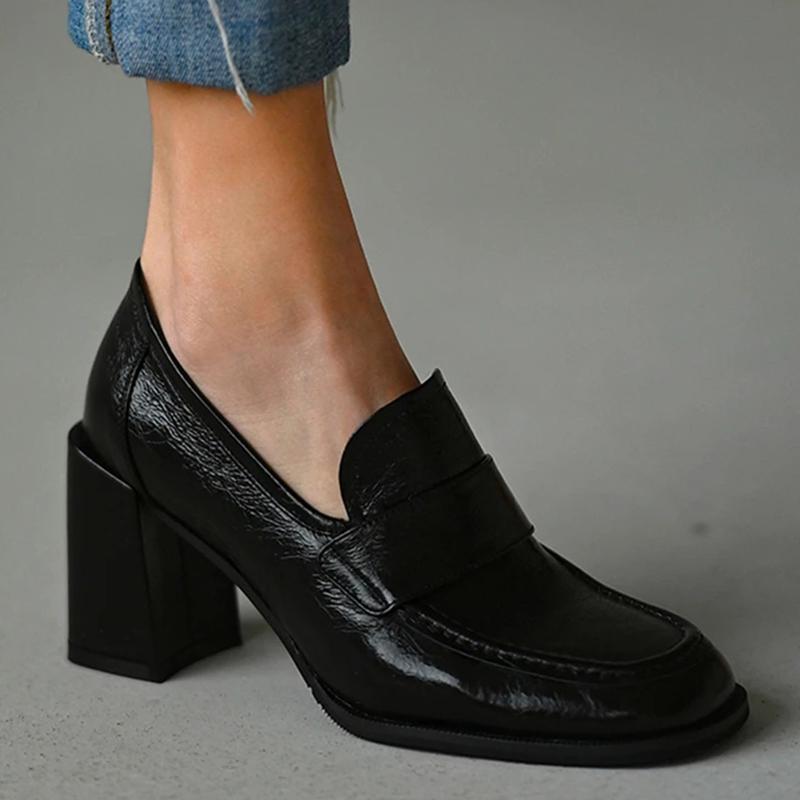 Dress Shoes Women's Mid Pumps Autumn Casual Loafers Pu Leather Chunky Heel Platform Fashion Square Toe Slip On Black Female Footwear