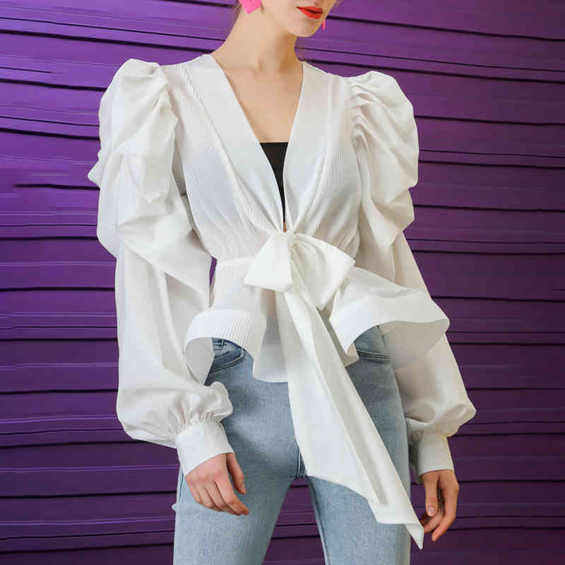 Casual Patchwork Pleated Women Blouse V Neck Lantern Long Sleeve High Waist Lace Up Ruffle Shirt Female Fashion 210524
