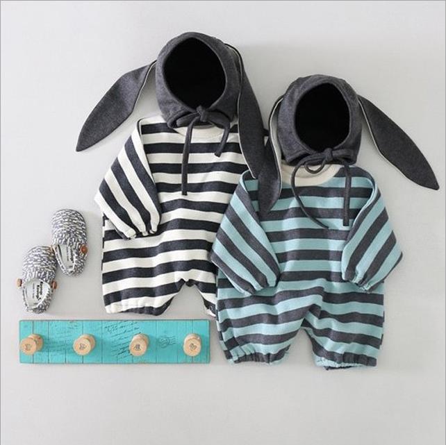 Baby Loose Romper Striped Baby Girl Bunny Romper Rabbit Hat 2pcs Sets Newborn Boy Jumpsuits Autumn Boutique Baby Clothing BT5878