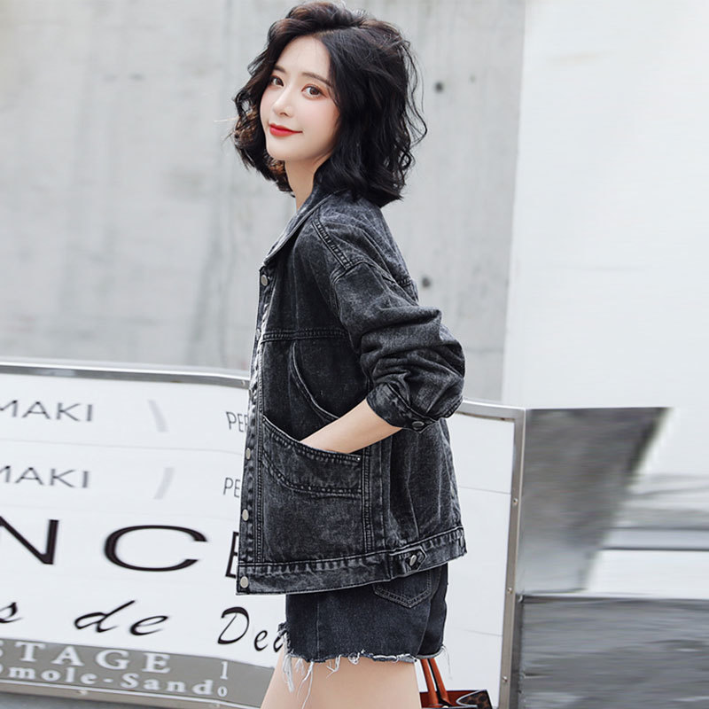 Vintage Denim Jacket Casual Coat Women's Black Autumn Korean-Style Long Sleeve Loose Coats 96B 210420