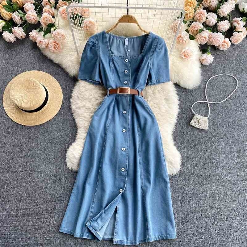 Hong Kong style retro denim dress women's summer temperament square collar buttoned slim mid-length tooling skirt 210525, Blue
Hong Kong style retro denim dress women's summer temperament square collar buttoned slim mid-length tooling skirt 210525, Blue