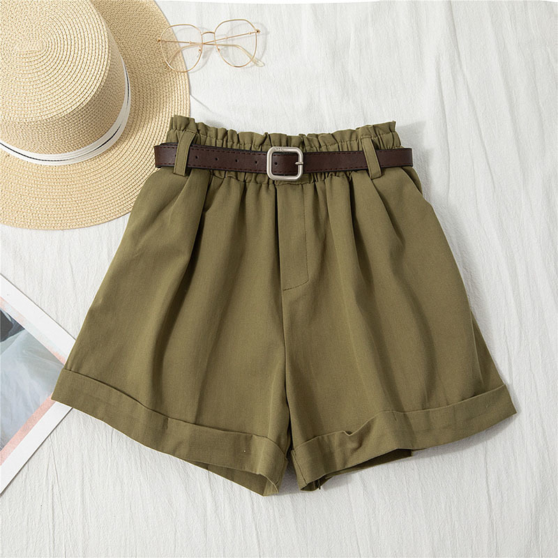 Women Summer High Waist Wide Leg Shorts With Belt Korean Fashion Solid Black White Yellow Cotton Short Pants Casual Beach Ruffle 210510