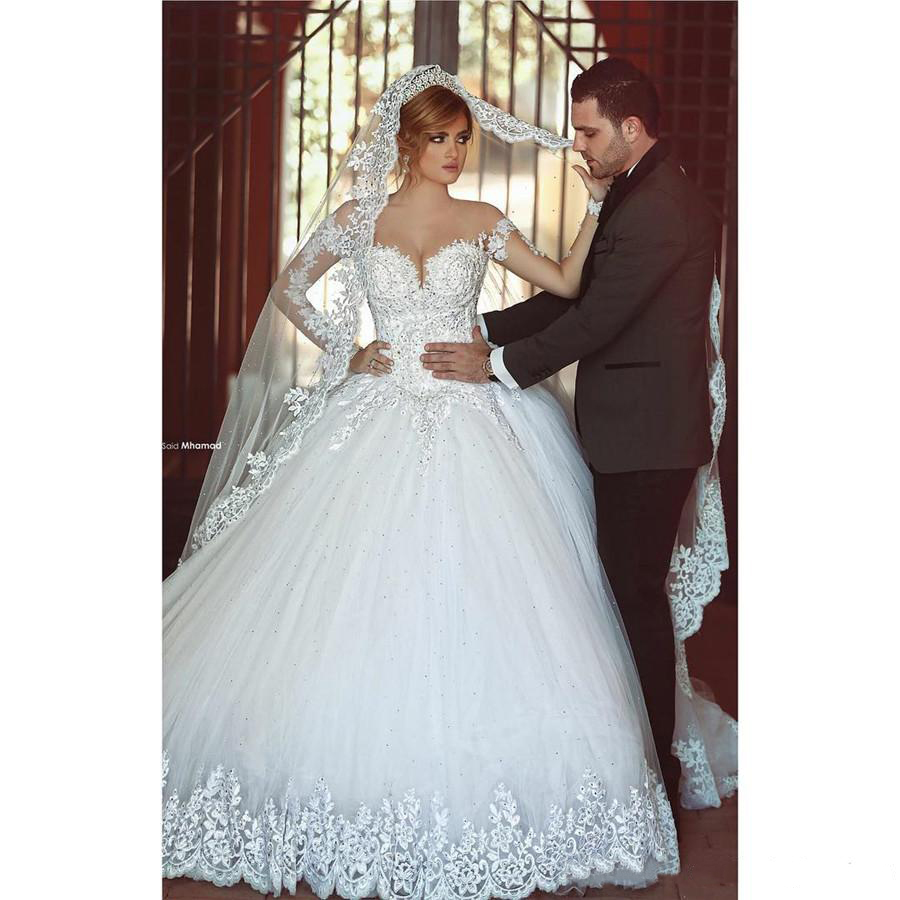 Long Sleeves Saidmhamad Lace Applique Crystals Ball Gown Wedding Dresses Chapel Train Amazing New Bridal Gowns s