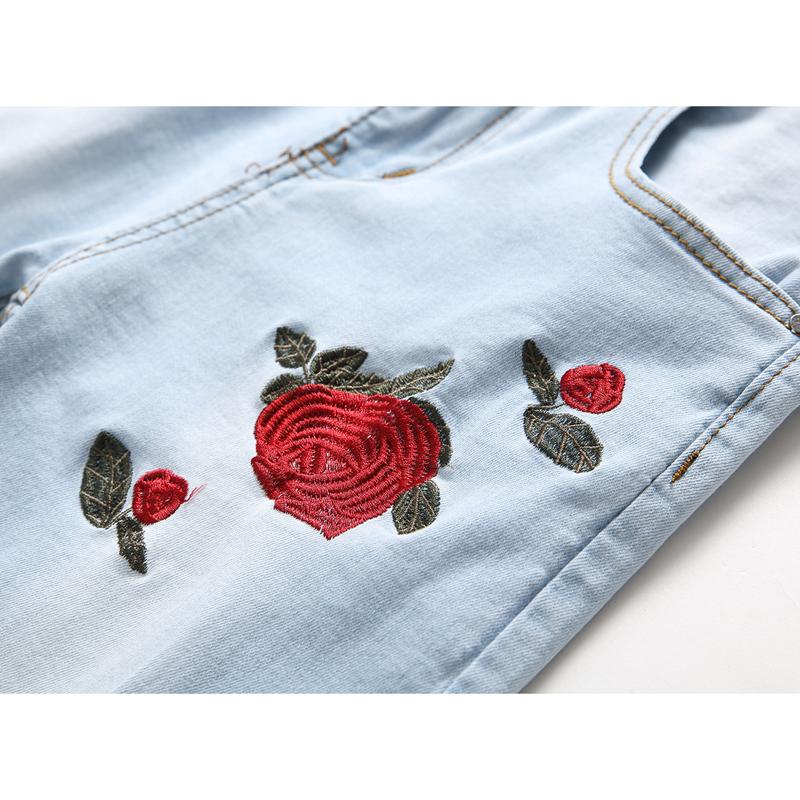 Mens Ripped Jeans Embroidery Rose Men Light Blue Slim Fit Stretch Denim Skinny Black Pants Wash Straight 42 Men's