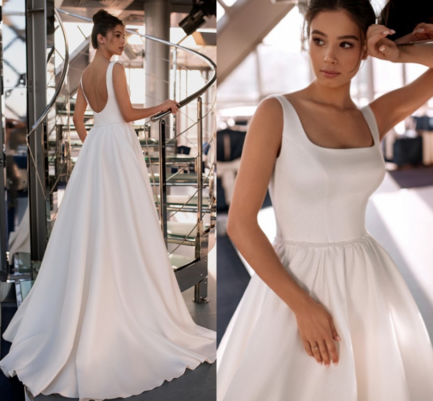 2021 Wedding Dress Vestido De Noiva Sexy Squre Neck Sleeveless Beading Belt Simple Backless Satin Bridal Gown Plus Size Mariage