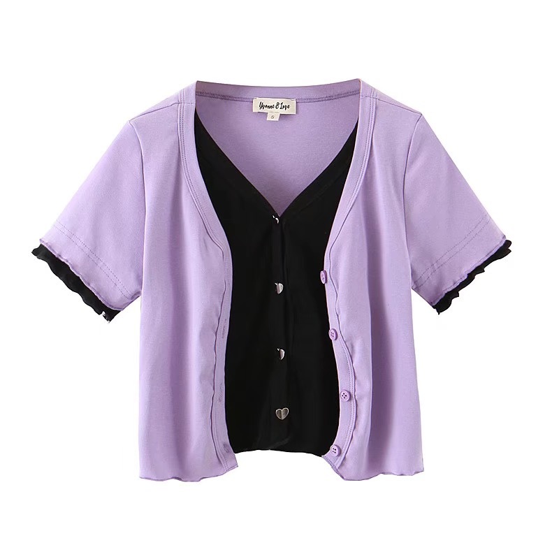 Summer Rib Knitted False 2pcs Short Sleeve Cropped T-shirts Women Vintage V neck Exposed navel Knitwear T shirt Tops 210429