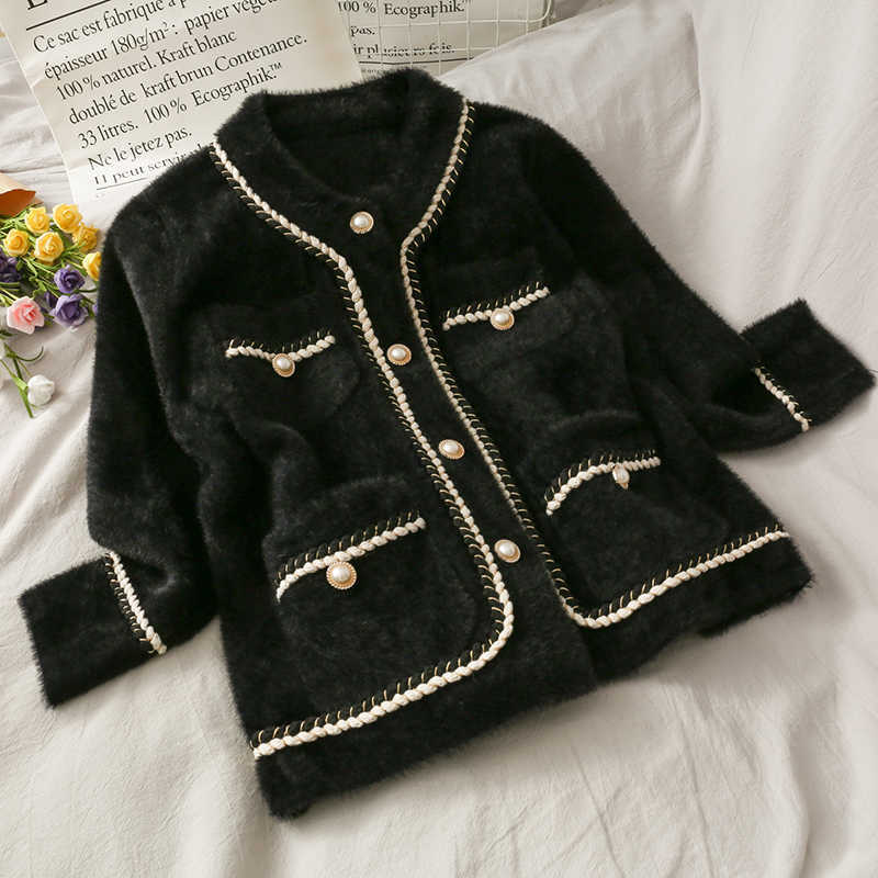 Mink Cashmere Loose Sweater Cardigan Jacket Women Autumn and Winter Short Bright Silk Stripe Thickened Knitted Top Coat 210907