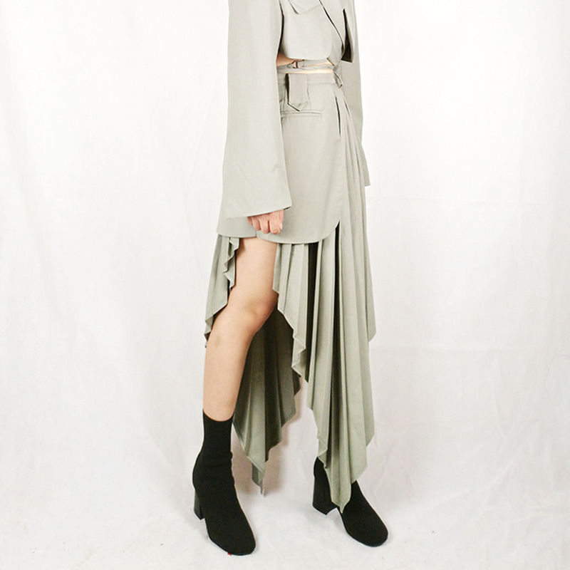 Pleated Black Skirt For Women High Waist Asymmetrical Irregular Hem Casual Skirts Female Fashion 210521