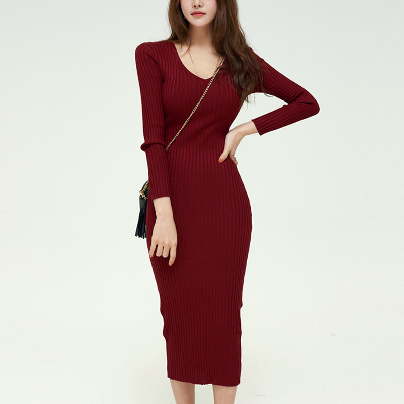 Solid Vintage Long Sleeve Dress Knit Sweater Women V Neck Winter Midi for Clothing Robe Femme 12700 210427
