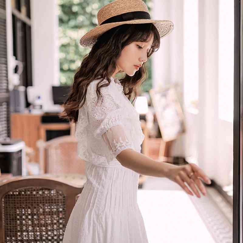 Fashion Summer Dress Lace Ruffle Women Runway High Waist Hollow Out Cotton Dresses vestidos 210520