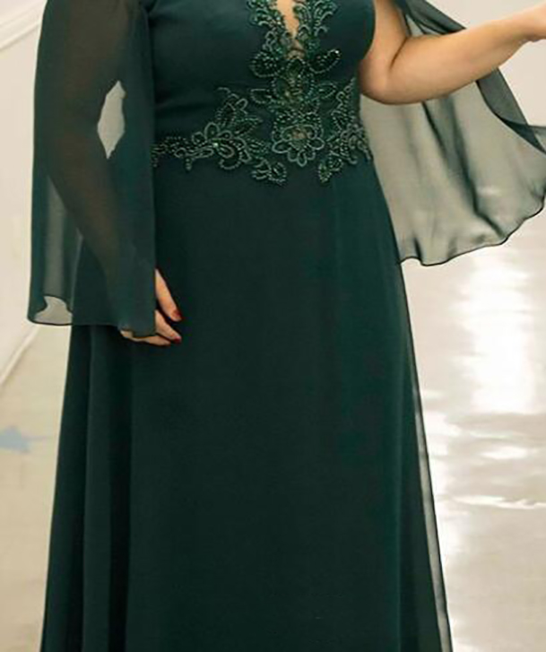 Plus Size Mother of the Bride Dress Dark Green Long Sleeve Beading Chiffon Floor Length Wedding Party Guest Formal Evening Gowns