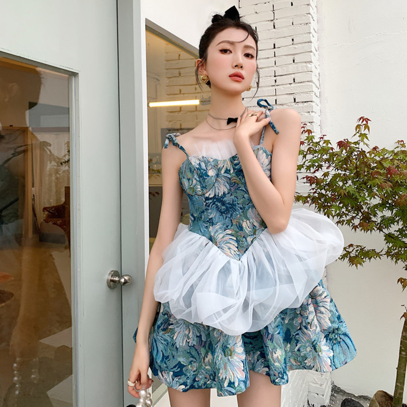 Women Dress Print Blue Cloud Gauze Waist Closed Ball Gown Suspender Temperament Loose Fit Fashion Summer 2H611 210526