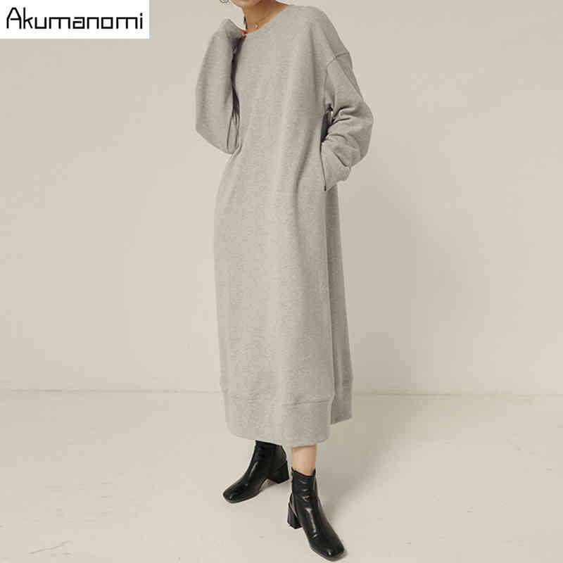 autumn spring plus size maxi dresses for women xxxl 4xl 5xl 6xl 7xl gray o neck long sleeve Casual fall dress with pockets 210409