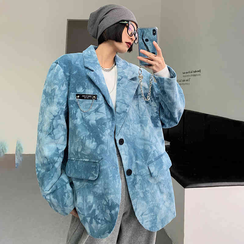 Tie Dyed Corduroy Blazer Women's Spring Notched Large Size Single Breasted Long Sleeve Suit Coat Tide 5C336 210427