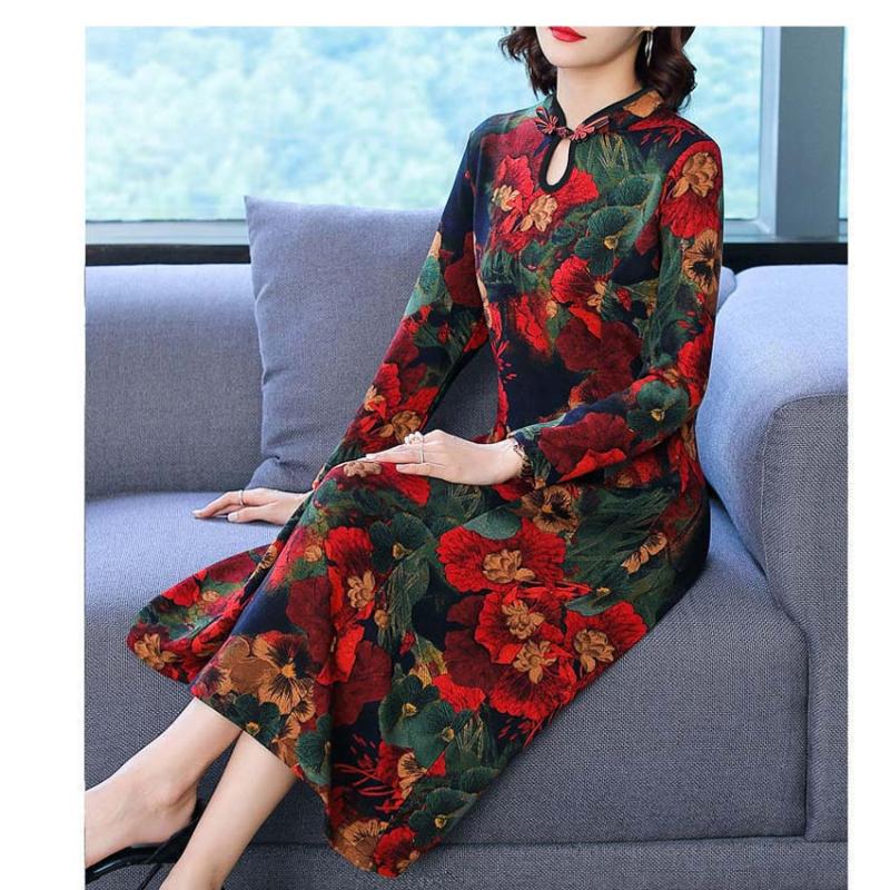 Spring Middle Aged Mother Chinese Traditional Style Long Sleeve Mid Length Over Knee Modified Cheongsam Print Qipao Dress Ethnic Clothing