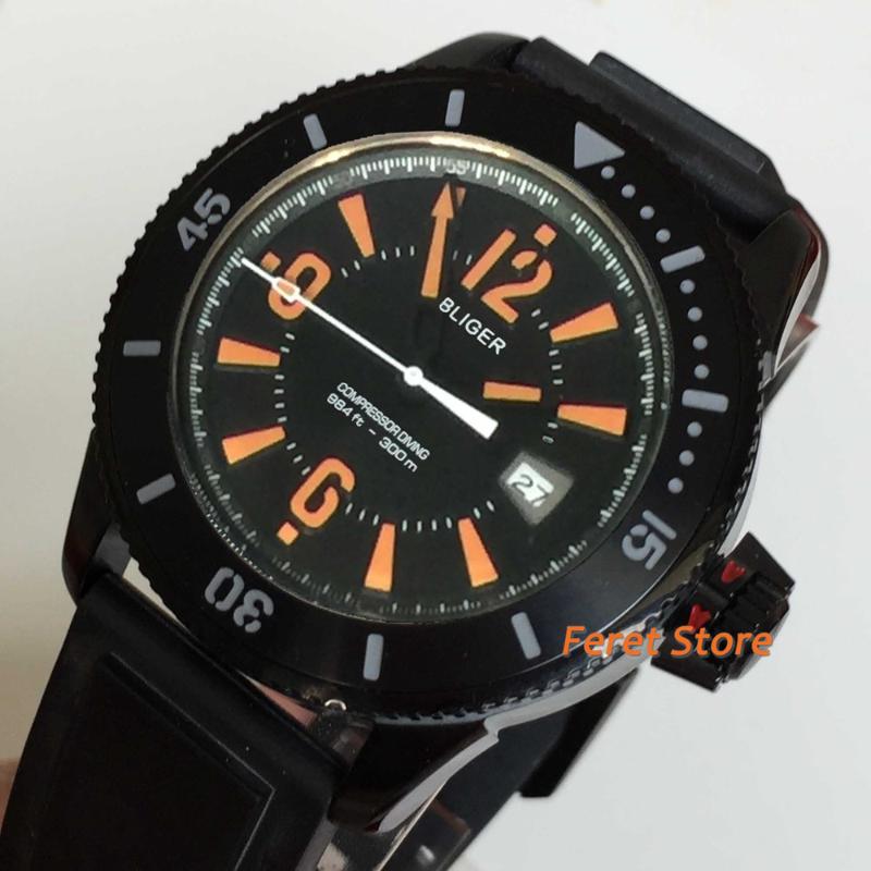 Wristwatches 43mm Men Watch Black Orange Dial Steel Case Rubber Strap Automatic Wristwatch, 2 no logo 
Wristwatches 43mm Men Watch Black Orange Dial Steel Case Rubber Strap Automatic Wristwatch, 2 no logo