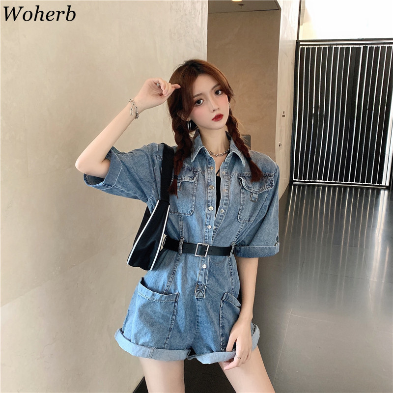 Summer Denim Jumpsuit Streetwear Loose High Waist Playsuit Casual Fashion Rompers Korean Bodysuit Overalls for Women 210422