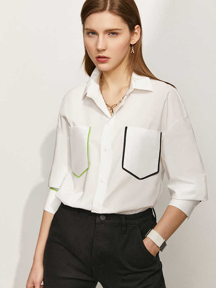 Minimalism Summer Women's Shirt Offical Lady 100%cotton Patchwork Lapel Full Sleeve Causal Tops 12170179 210527