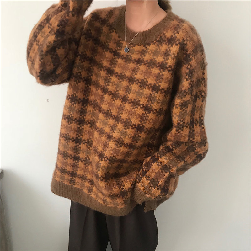 Lazy Style Plaid Women Office Lady Thicken Fashion Geometric Tops Arrival OL All Match Elegant Knitted Sweaters 210421