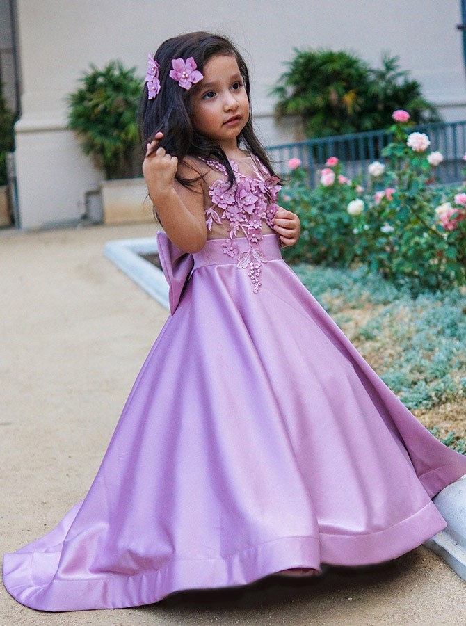 Purple Flower Girls Dress 3D Floral Lace Appliques Children Birthday Party Dresses A Line Wedding Prom Formal Wear
