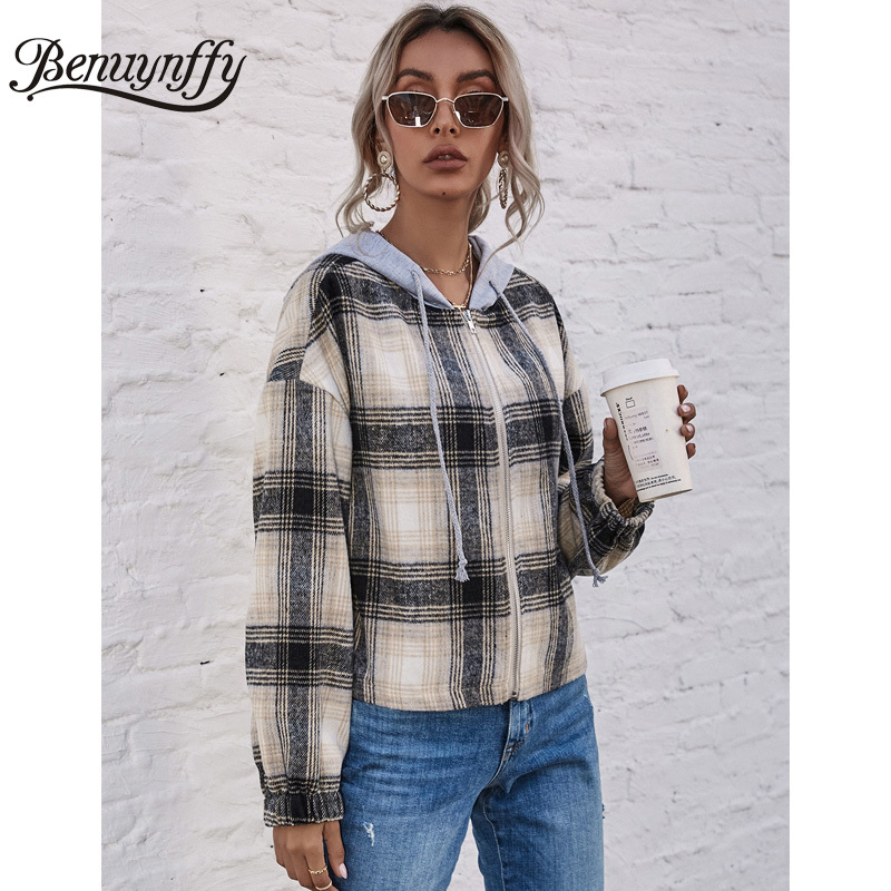 Hooded Drawstring Plaid Coat Women Drop Long Sleeve Zipper Jacket Autumn Fashion Loose Short Casual Female Outwear 210510