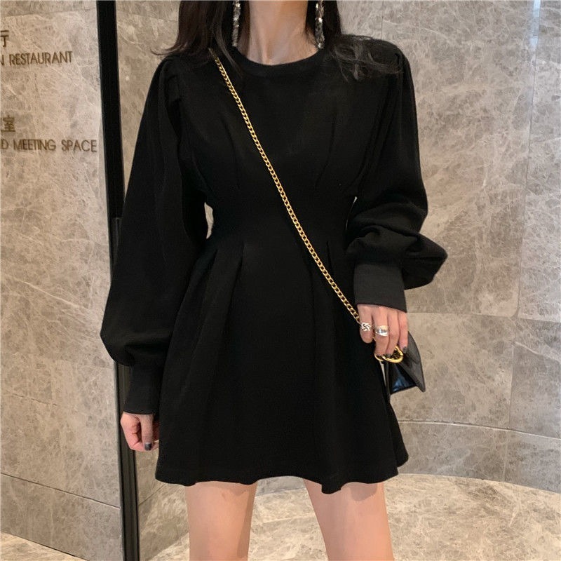 QWEEK Black Mini Dress Spring Fashion Korean Style Gothic Goth Wrap Long Sleeve Pleated Dress Casual Wrap Streetwear Women 210409