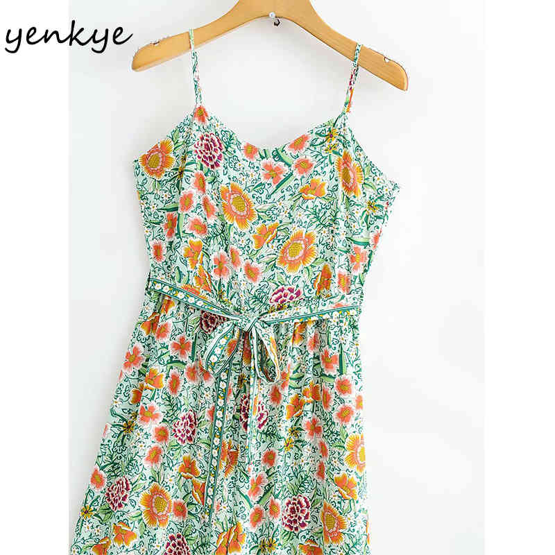 Floral Print Sexy Sling Jumpsuit Women Sleeveless With Belt Holiday Casual Boho Romper Summer Long Overalls monos mujer 210430