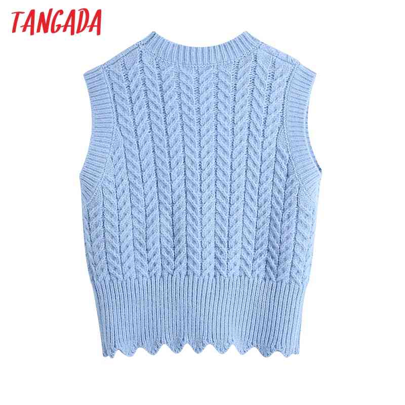 Women Fashion Blue Twist Crop Knitted Vest Sweater Vintage O Neck Sleeveless Female Waistcoat Chic Tops BE464 210416
