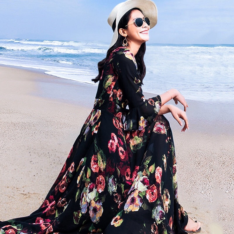 peony flower printed flare Sleeve Spring Fashion Long Dress Beach Bohemian Maxi dress Plus Size 210421