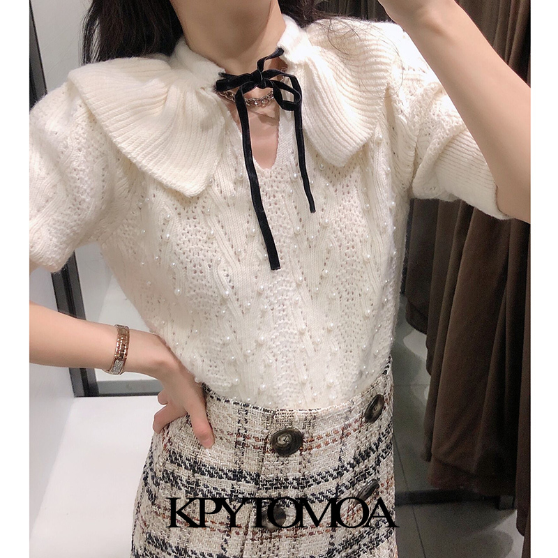 Women Fashion With Faux Pearls Knitted Sweater Bow Tie O Neck Puff Sleeve Female Pullovers Chic Tops 210420