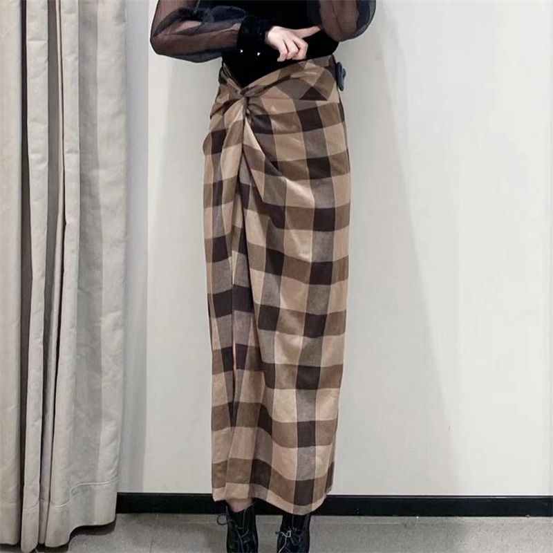 Elegant Women Brown Plaid Skirts Fashion Ladies Side Slit Streetwear Female Chic Draped High Waist Long 210430