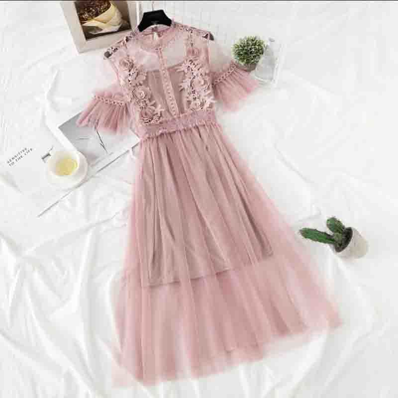 Lotus Leaf Collar Short Sleeve Party Dresses Summer Sweet Mesh Patchwork Lace Dress Two Pieces Women Long Dress Vestidos 210521