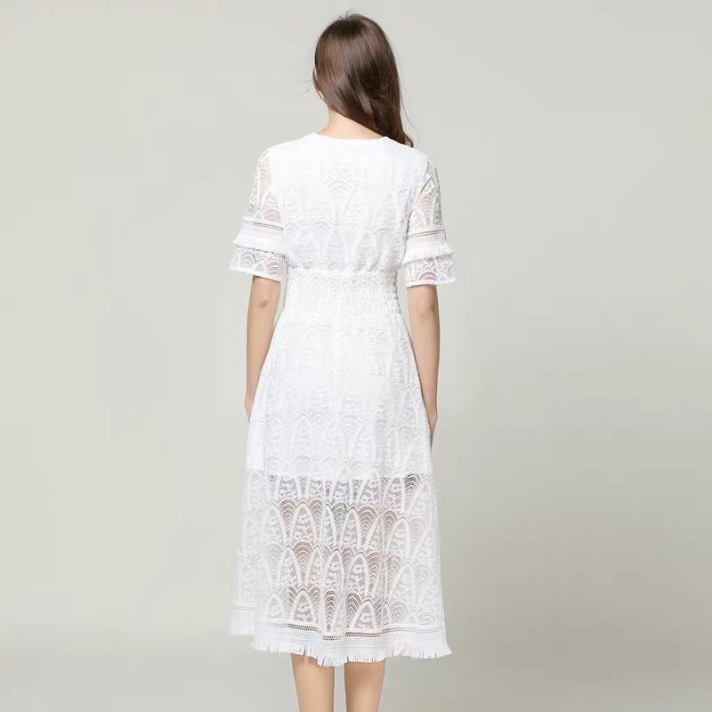 summer vocation white lace v-neck tassel midi dress short sleeve hollow out robe dresses party causal 210421