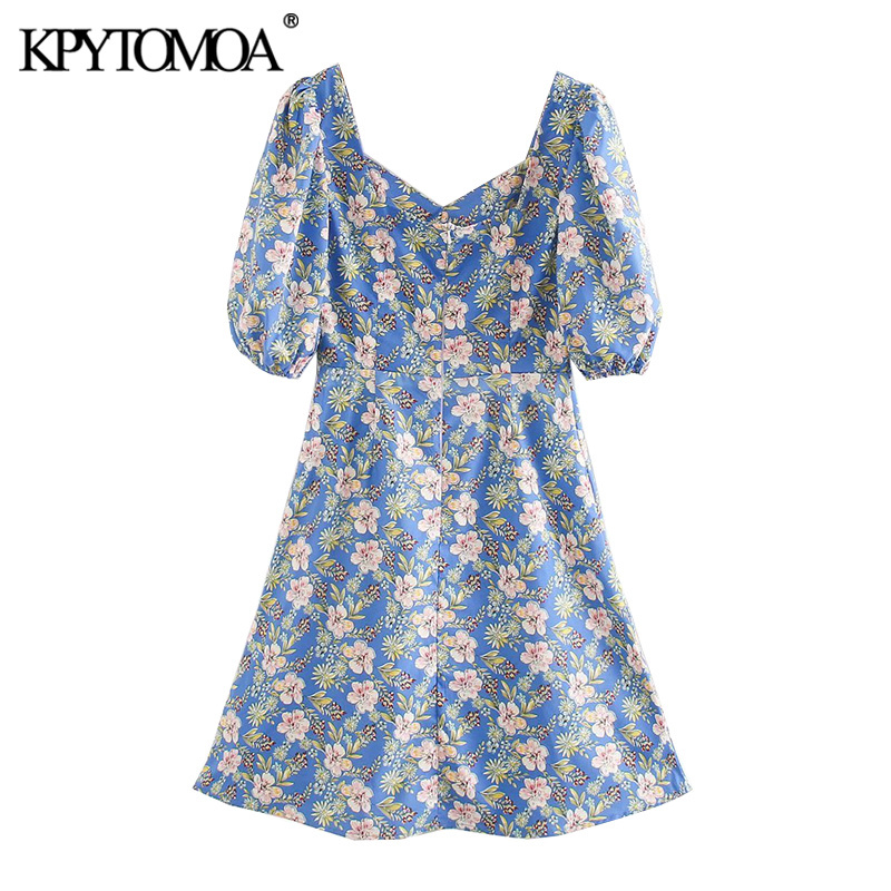 Women Chic Fashion Floral Print Mini Dress Backless Zipper Puff Sleeves Female Dresses Vestidos Mujer 210420
