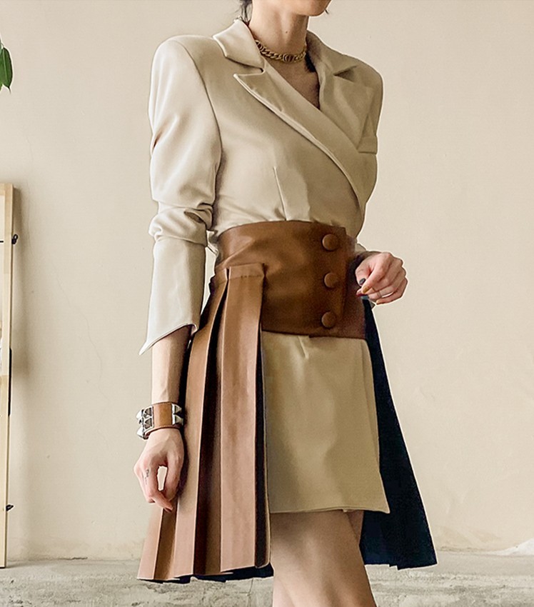 Korean Office Ladies Elegant Fashion Suit Women Autumn Notched Collar Blazer Dress + PU Pleated Mini Dress 2 Piece Set 210518